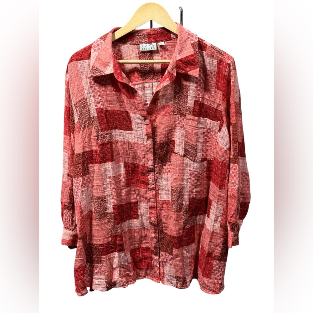 Joan Rivers Red Patchwork Button Down Blouse 2XP Petite Plus Cotton